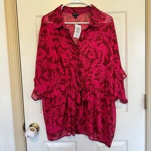 Torrid Chiffon Dolman Button Up Short Sleeve Floral Blouse Top Size 2X Ruffle